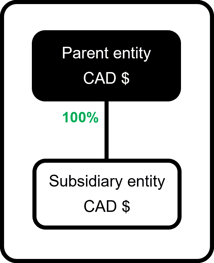 A parent entity that fully owns a subsidiary entity 100% consolidates using the Full consolidation method. In this example, both the parent and subsidiary entities use Canadian dollars as the base currency.