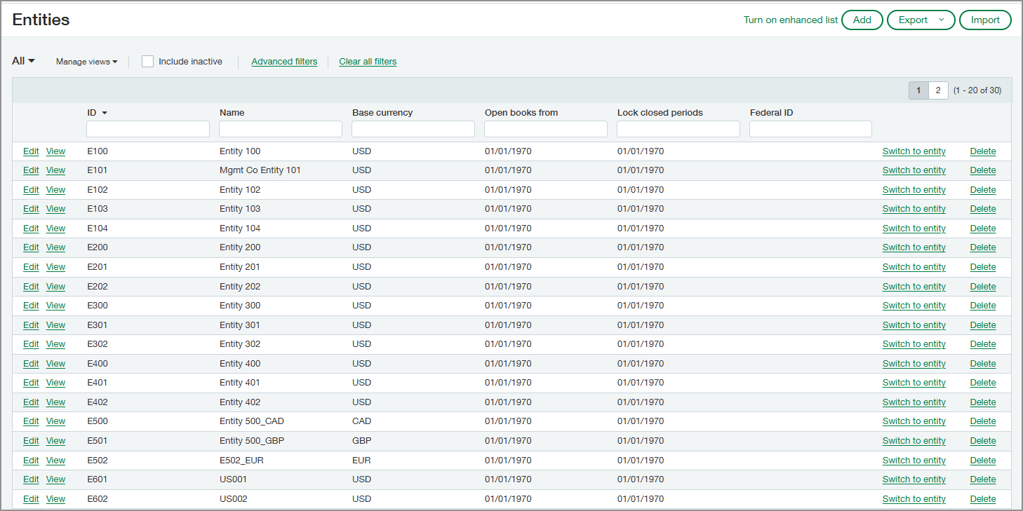 The Entities list from which the affiliate entity dimension draws affiliated entities.