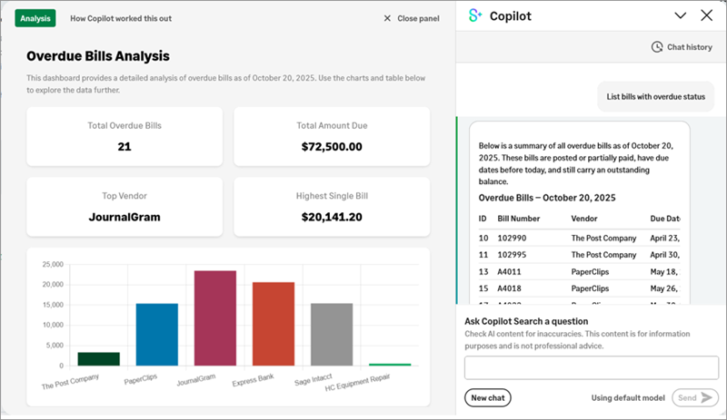 Example of Copilot analysis including summary cards and a bar chart