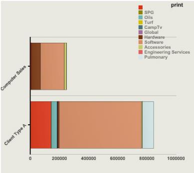 Horizontal bars of varying colors compare amount by client and product.