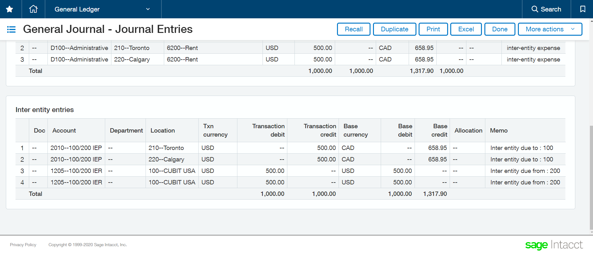 GL journal entry showing an auto-balanced inter-entity transaction.