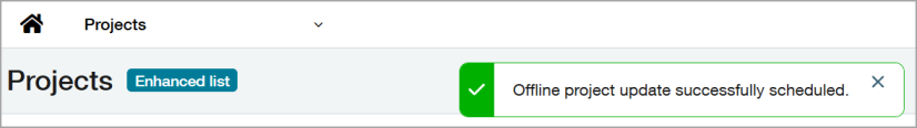 Offline project update status A successful offline project status update notification displayed at the top of the page.
