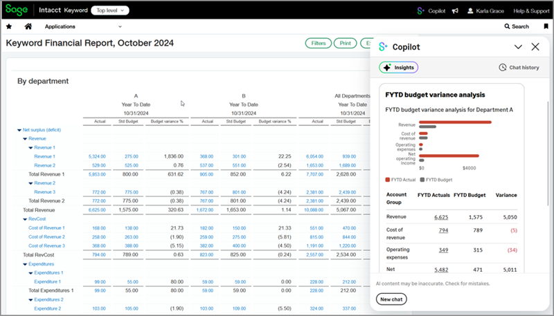 The Copilot panel on the right side of the browser window. It's displayed over a financial report.