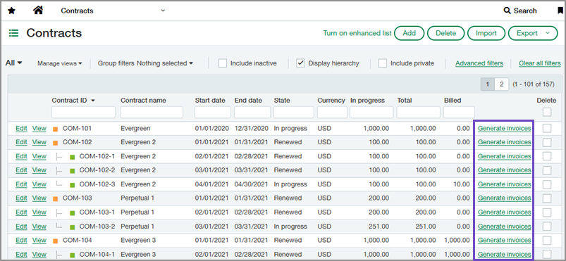 Contracts list showing the generate invoices links.