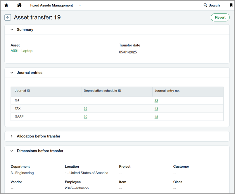 Details page of an asset transfer.