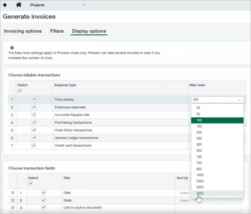 Generate invoices Display options showing Expense types and Max row selection up to 4000.