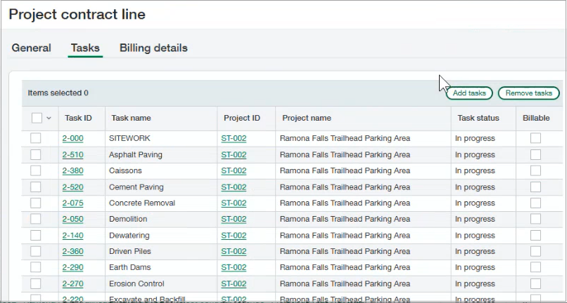 Project contract line tasks
