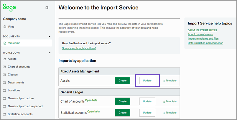 Import Service welcome page showing the Update button for assets.