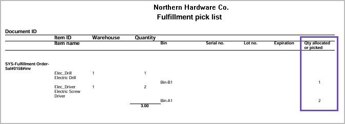 Pick list quantity allocated or picked column