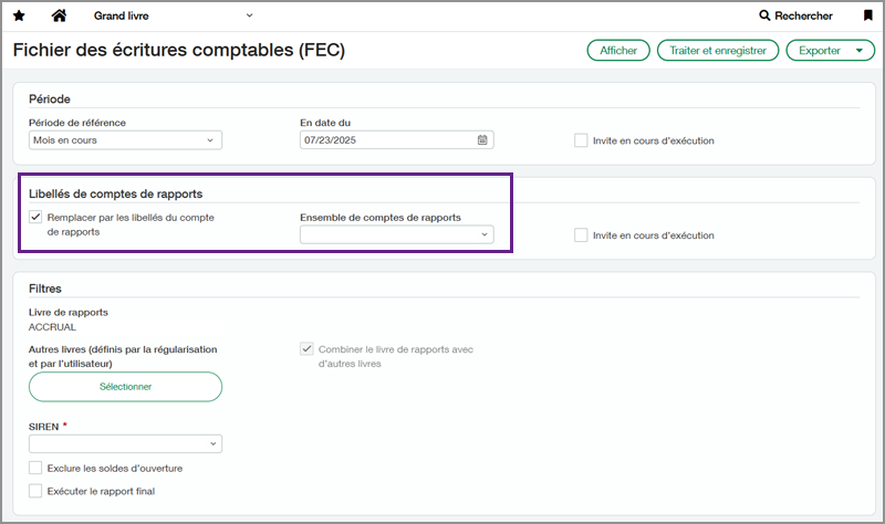 Screenshot of the FEC report page with Reporting accounts labels section highlighted in a purple box.