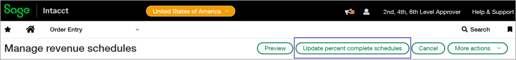 Manage revenue schedules Manage revenue schedules page with the Update percent complete schedules button highlighted.