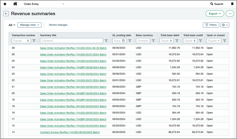 The revenue summaries list.