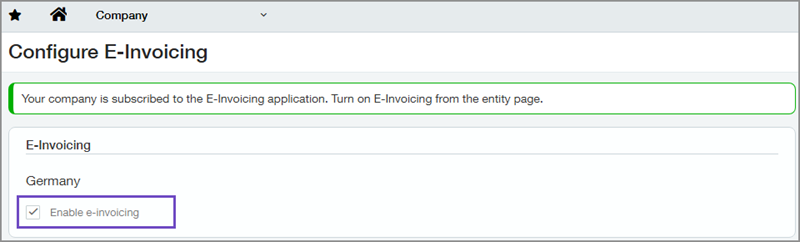 Configure E-Invoicing page, with Enable e-invoicing option highlighted