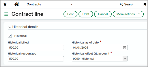 Historical details section of a contract line