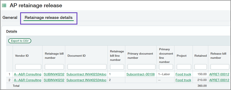 AP Retainage release page showing Retainage release details tab
