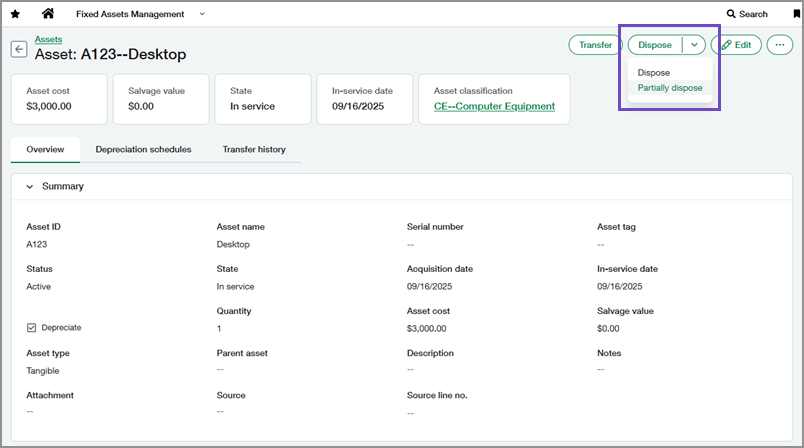 An asset showing the dispose button dropdown options