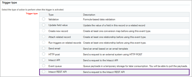 Trigger type selection page with the Intacct REST API option available.