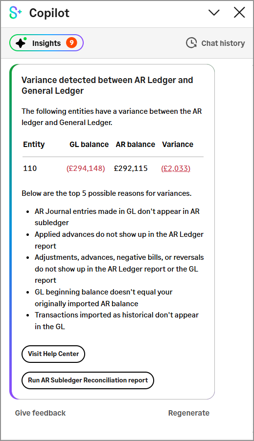 Copilot panel showing a variance between General Ledger and Accounts Receivable.