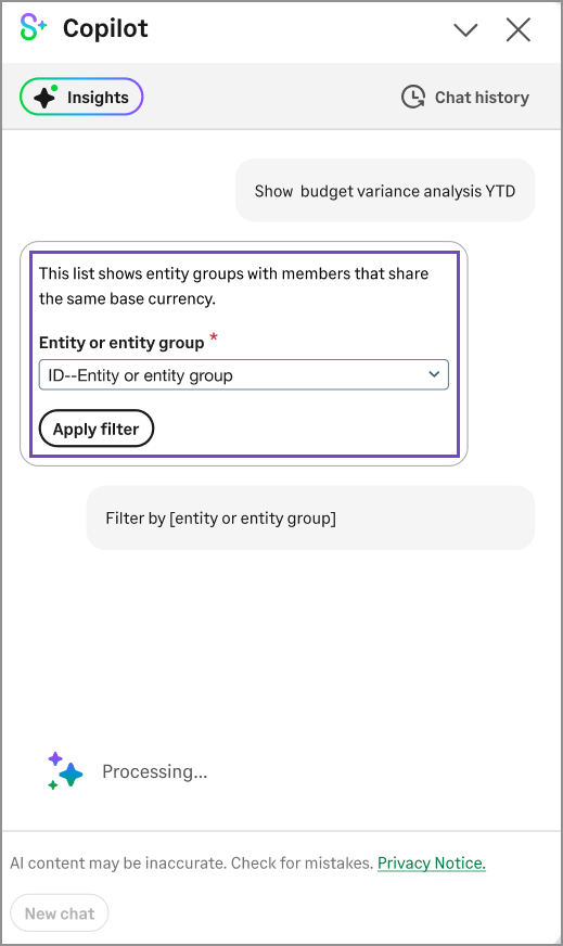 Copilot panel with a "Entity or entity group" dropdown list. You select one and then select Apply filter.
