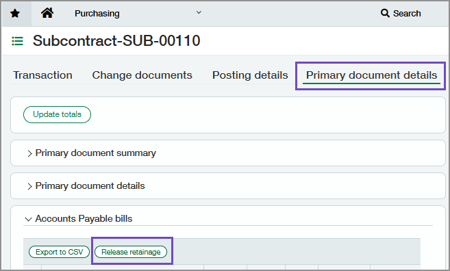 Primary document details tab showing Release retainage button Primary document details tab showing Release retainage button