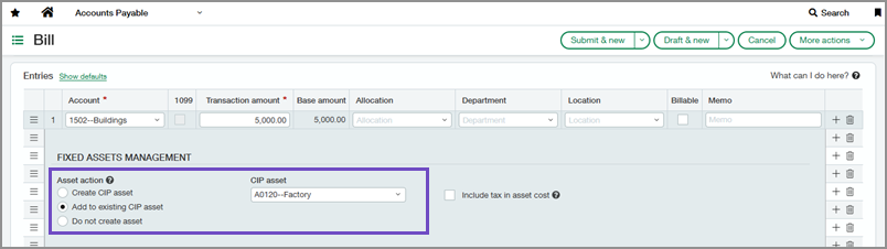 Bill line showing the Add to existing CIP action.