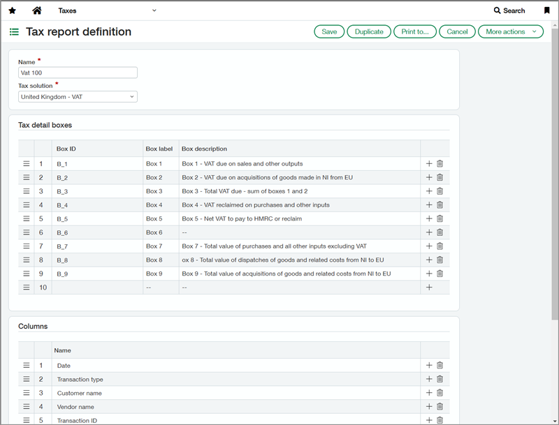 Screenshot of the tax box report definition page with sample definitions for VAT 100 for the United Kingdom - VAT tax solution.