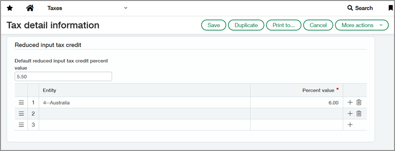 Screenshot of the RITC configuration section of the tax detail information page.