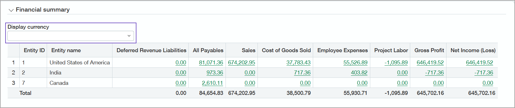 Financial summary Financial summary section of the Project summary tab of the Project information page. The Display currency menu is highlighted.