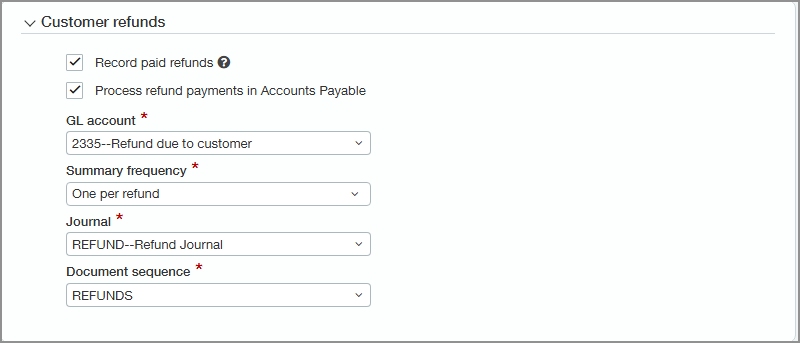 Screenshot showing the Customer refunds section of the Configure Accounts Receivable page