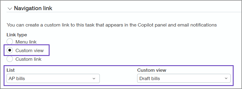 Navigation link section of a task template record. The Custom view option is selected. 