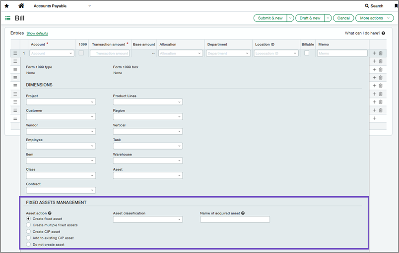 A bill with a line expanded showing the Fixed Assets Management section.