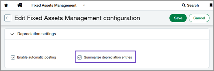 Configuration page with Summarize depreciation entries checkbox highlighted