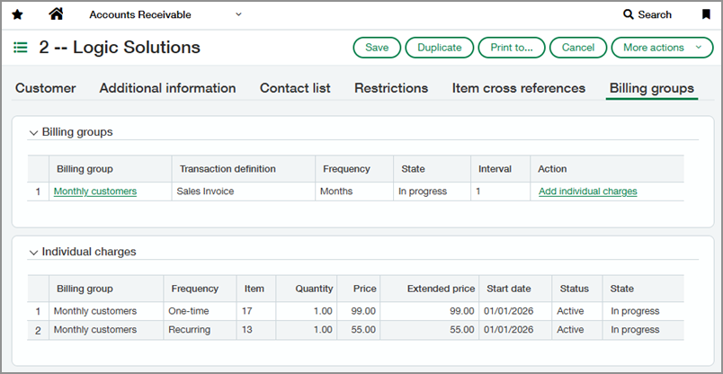 Billing groups tab of a customer record