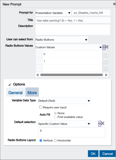 ICRW Prompt dialog ICRW Prompt dialog with the settings to create a presentation variable prompt to switch the data caching status for a report.