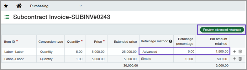 Invoice highlighting Retainage method column and Preview advanced retainage button Invoice highlighting Retainage method column and Preview advanced retainage button