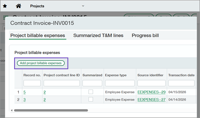 Project contract invoice with Add project billable expenses button highlighted Project contract invoice with Add project billable expenses button highlighted