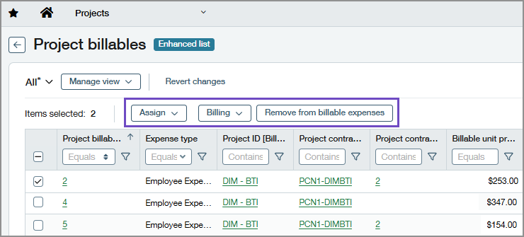 Project billables page highlighting button options above the grid Project billables page highlighting button options above the grid