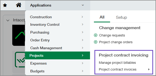 Project menu showing Project contract invoicing options Project menu showing Project contract invoicing options