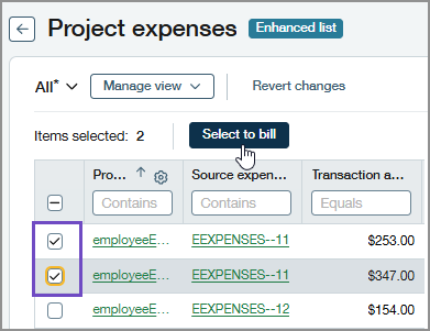 Project expenses page showing how to select expenses for billing Project expenses page showing how to select expenses for billing