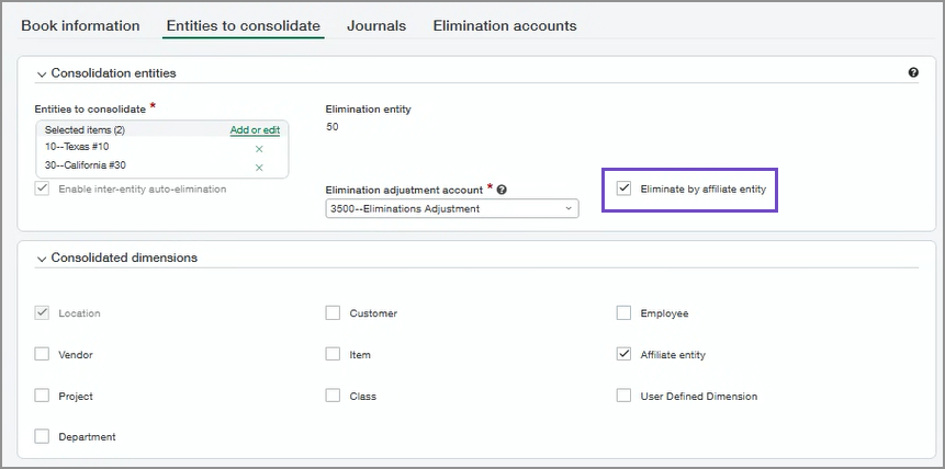 Select Eliminate by affiliate entity for the subset consolidation book.