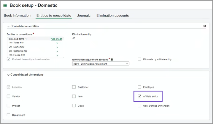 In the Consolidated dimensions section, select Affiliate entity.