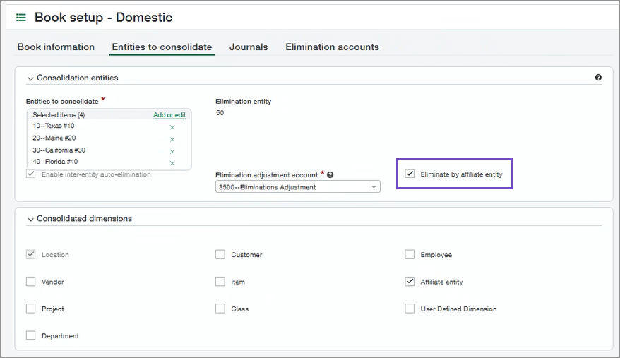 Select Eliminate by affiliate entity for the consolidation book or ownership structure.