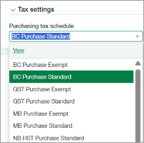Purchasing taax schedule Drop down men for the purchasing tax schedule with GST Purchase Exempt selected.