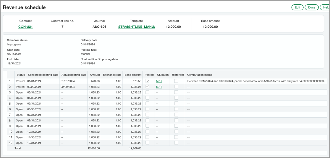 Straightline revenue schedule with 1st period partial period.
