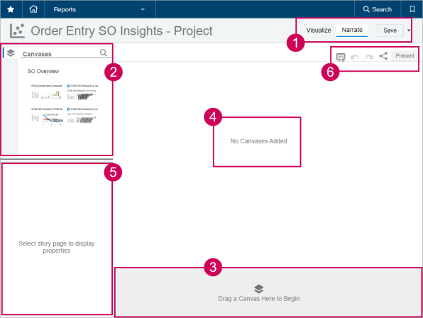 User interface layout for the Narrate workspace with numbered callouts noting the functional areas.