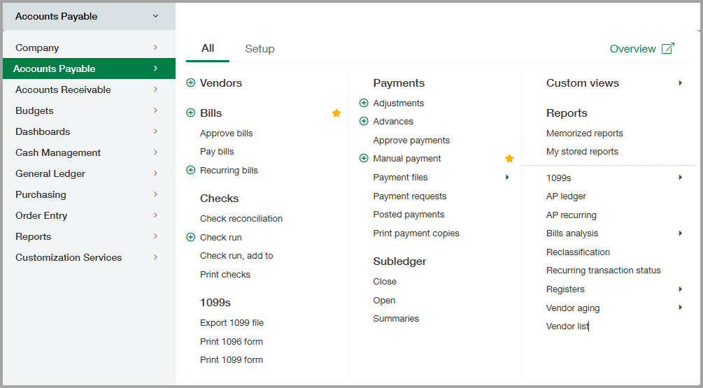 Accounts Payable menu with Bill analysis highlighted.