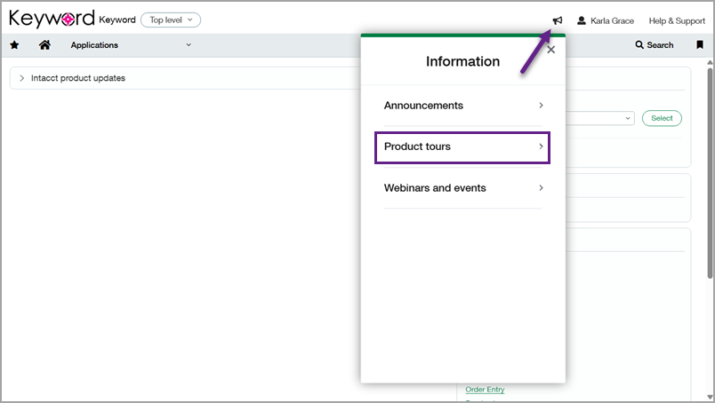 Product tours is selected from the bullhorn icon.