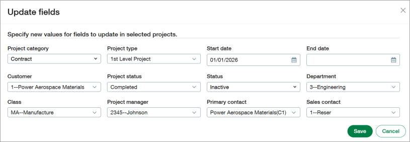 Update fields dialog The Update fields dialog shows the fields available for modification. You specify the values for the fields that you want to change on all the selected projects.