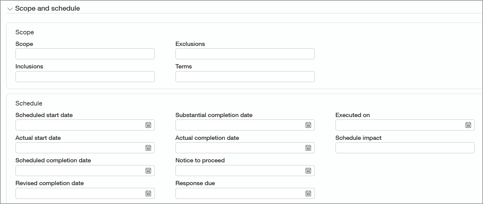 The Scope and schedule section on the Project information page.