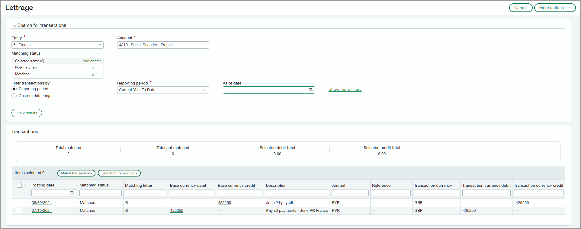 Lettrage page showing two matched transactions.
